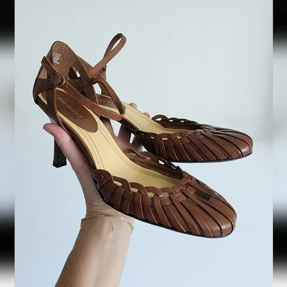 Nine West Women's Woven Brown Leather Round Toe Heels Size 9M - Picture 2 of 8